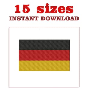 Könnte beinhalten: Ein digitales Stickmuster der deutschen Flagge. Die Flagge ist schwarz, rot und gold. Das Design ist in 15 Größen verfügbar. Sofortiger Download.
