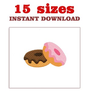 Puede incluir: Dos donuts bordados, uno con glaseado de chocolate y otro con glaseado rosa. Los donuts están sobre un fondo blanco.