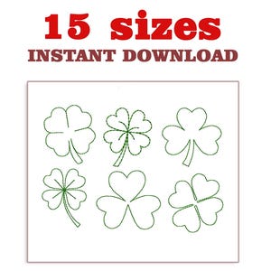 Può includere: Sfondo bianco con sei disegni di trifogli verdi ricamati. Il testo "15 taglie" in rosso e "DOWNLOAD IMMEDIATO" in marrone è nella parte superiore dell'immagine.