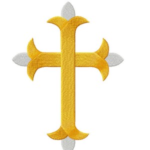 May include: A gold cross with white accents. The cross is a religious symbol.