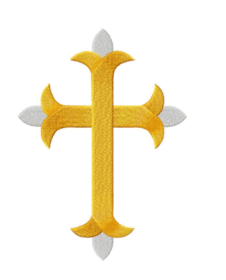 May include: A gold cross with white accents. The cross is a religious symbol.