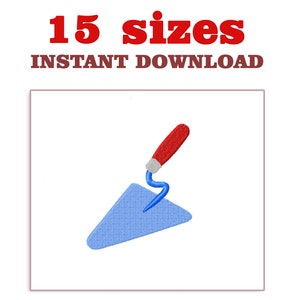 May include: A blue and red embroidery design of a trowel, a tool used for spreading mortar or plaster.