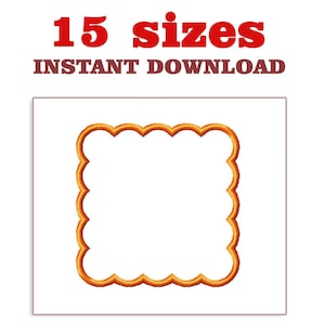 Può includere: Uno sfondo bianco con una cornice quadrata con bordi smerlati di colore arancione caldo. Il testo "15 taglie" in rosso e "DOWNLOAD IMMEDIATO" in marrone è sopra la cornice.