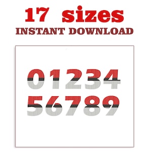 May include: A set of red and black numbers 0-9 with a white background. The numbers are in a bold, sans-serif font. The text "17 sizes" and "INSTANT DOWNLOAD" is above the numbers.
