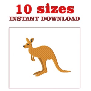 May include: An embroidered design of a kangaroo in shades of orange and brown, set against a white background. The text "10 sizes INSTANT DOWNLOAD" is displayed in red and brown above the kangaroo image.