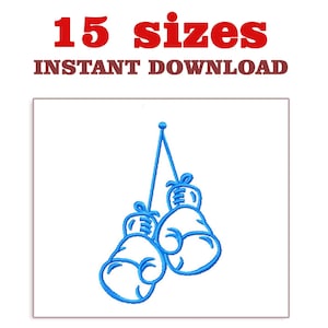 Peut inclure: Gants de boxe brodés en bleu suspendus à un fil. L'image comprend le texte "15 tailles" en rouge et "TÉLÉCHARGEMENT INSTANTANÉ" en marron, suggérant un produit numérique lié à la boxe.