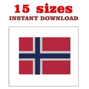 May include: An embroidered Norwegian flag design with a red background, a blue cross, and white borders. The text "15 sizes" and "INSTANT DOWNLOAD" is displayed above the flag.
