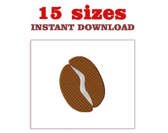 May include: An embroidery design of a brown coffee bean with a white center line. The text above the graphic reads 15 sizes INSTANT DOWNLOAD. The design is presented on a white background within a thin rectangular border.