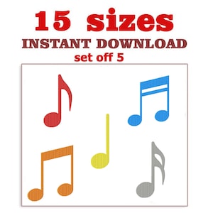 Puede incluir: Conjunto de cinco archivos de corte de notas musicales en rojo, naranja, amarillo, azul y gris. El texto "15 tamaños" y "DESCARGA INSTANTÁNEA conjunto de 5" está por encima de las notas.