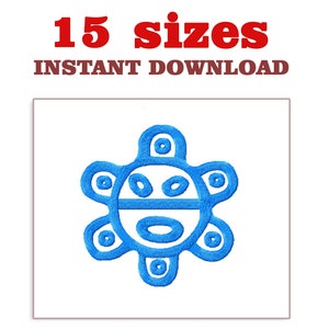 May include: A blue embroidered design resembling a stylized sun or flower, set against a white background. The design is surrounded by a thin brown border. Text at the top reads "15 sizes" in red and "INSTANT DOWNLOAD" in brown.