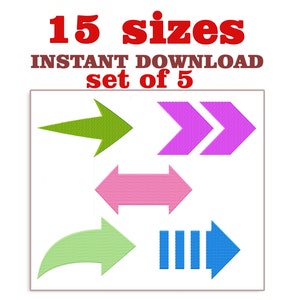 Op de afbeelding: Set van vijf pijl borduurmotieven in verschillende kleuren en stijlen. De pijlen zijn groen, roze, paars en blauw. De tekst "15 maten" en "Direct download set van 5" staat boven de pijlen.