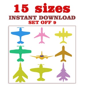 May include: Set of 15 airplane silhouettes in various colors, including blue, green, pink, yellow, and purple. The airplanes are arranged in a grid pattern on a white background. The text "15 sizes INSTANT DOWNLOAD SET OFF 9" is at the top of the image.