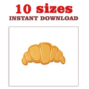 Puede incluir: Un diseño de bordado digital de un croissant marrón dorado. El diseño está disponible en 10 tamaños para descarga instantánea.