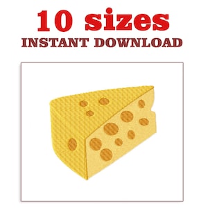 Op de afbeelding: Een geborduurd beeld van een wig Zwitserse kaas met gaten. De afbeelding is op een witte achtergrond.