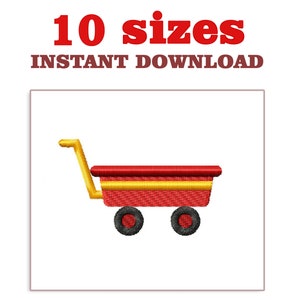 Könnte beinhalten: Roter Wagen mit gelbem Besatz und schwarzen Rädern. Der Wagen ist ein digitales Stickmuster, das in 10 Größen zum sofortigen Download verfügbar ist.