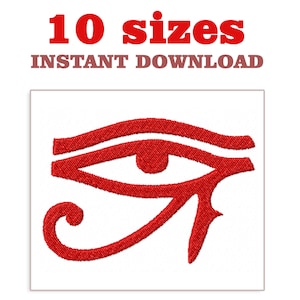 May include: Red embroidered design of the Eye of Horus, an ancient Egyptian symbol. This digital embroidery file is available in 10 sizes for instant download.
