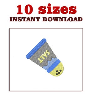May include: A gray and blue salt shaker with the word "SALT" in yellow letters. The shaker has a yellow top with black dots.
