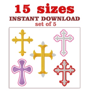 May include: Set of five cross embroidery designs in gold, silver, pink, purple, and red.  The crosses are ornate and have a traditional design.  15 sizes are included in the instant download.