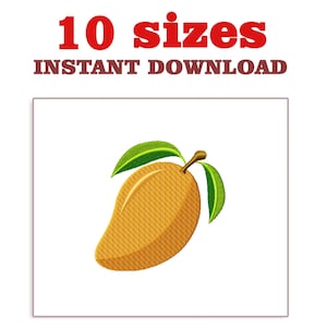 May include: A digital embroidery design of a yellow mango with green leaves. The design is available in 10 sizes for instant download.
