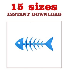 May include: A blue fish skeleton design on a white background. The image includes the text "15 sizes" in red and "INSTANT DOWNLOAD" in brown. The fish skeleton is a simple, stylized illustration.