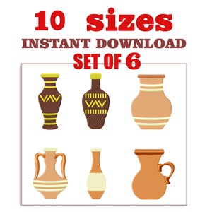 May include: Set of six brown and orange clay vases with different shapes and designs. The vases are arranged in two rows of three. The text "10 sizes INSTANT DOWNLOAD SET OF 6" is above the vases.