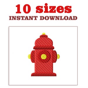 May include: Red fire hydrant with a yellow cap, embroidered design, 10 sizes available for instant download.