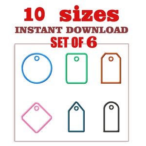 Può includere: Set di sei ricami per etichette, che comprendono un cerchio, un quadrato e tre diverse forme di etichetta. I disegni sono disponibili in 10 dimensioni e sono scaricabili istantaneamente.