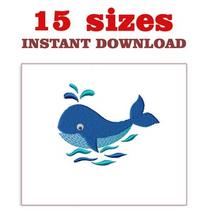 Puede incluir: Diseño de bordado de ballena azul con un chorro de agua y olas. Esta descarga digital incluye 15 tamaños.
