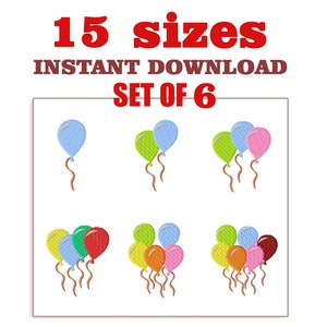 Pode incluir: Conjunto de seis desenhos de bordado com balões de diferentes cores. Os desenhos estão disponíveis em 15 tamanhos e podem ser descarregados instantaneamente. O texto "15 tamanhos DESCARREGAMENTO INSTANTÂNEO CONJUNTO DE 6" está incluído na imagem.