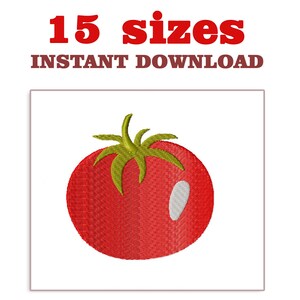May include: A red embroidered tomato with green leaves and stem, set against a white background. The text "15 sizes" and "INSTANT DOWNLOAD" is displayed in red and brown above the tomato image.