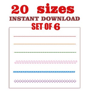 Könnte beinhalten: Ein Bild mit weißem Hintergrund und sechs horizontalen Linien in verschiedenen Stichmustern und Farben. Der Text oben lautet "20 Größen, SOFORTIGER DOWNLOAD, SET VON 6" in Rot und Braun.