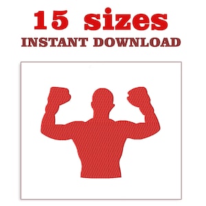 May include: Red silhouette of a boxer with raised fists wearing boxing gloves. The image includes the text "15 sizes" and "INSTANT DOWNLOAD".