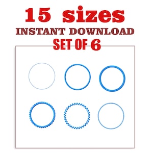 May include: Set of six blue circle outlines in different styles and sizes. The circles are on a white background. The text "15 sizes" and "INSTANT DOWNLOAD SET OF 6" is above the circles.