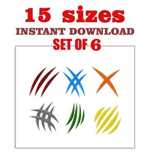 May include: A digital design featuring six sets of claw marks in various colors: burgundy, blue, orange, gray, green, and yellow. The text at the top reads "15 sizes" and "Instant Download Set of 6".