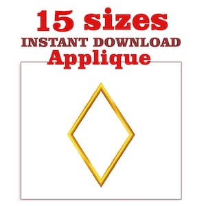 May include: A white background with a gold diamond-shaped frame. The text "15 sizes" in red is at the top, with "INSTANT DOWNLOAD" and "Applique" in brown below it. The image is likely for digital embroidery designs.