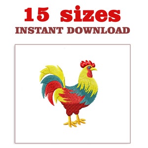 Puede incluir: Un diseño de bordado de gallo colorido con plumas rojas, amarillas y azules. El gallo está mirando hacia la derecha y tiene una cresta y una barbilla rojas. Este diseño está disponible en 15 tamaños para descarga instantánea.