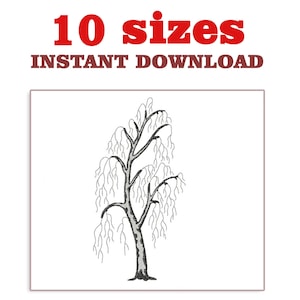 May include: Black and white line art embroidery design of a weeping willow tree. 10 sizes included. Instant download.