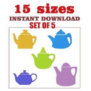 May include: Set of five embroidery designs of teapots in different colors: yellow, blue, green, purple, and blue. The designs are available in 15 sizes. Instant download.