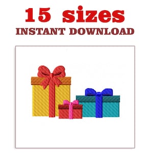 May include: An image of three embroidered gift boxes with bows. The largest box is yellow with a red bow, the medium box is red with a pink bow, and the smallest box is blue with a blue bow. Text at the top reads "15 sizes INSTANT DOWNLOAD".