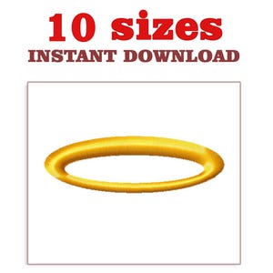 May include: A golden halo design, perfect for digital embroidery or crafting projects. The image includes the text "10 sizes" and "INSTANT DOWNLOAD" in red and brown, respectively. The halo is a bright, solid gold color.