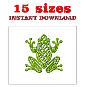 May include: Green Celtic knot frog design. The image includes the text "15 sizes" and "INSTANT DOWNLOAD" in red and brown. The frog is centered on a white background.