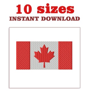 May include: A red and white Canadian flag with a red maple leaf in the center. The flag is embroidered and has a white background. The text "10 sizes INSTANT DOWNLOAD" is above the flag.
