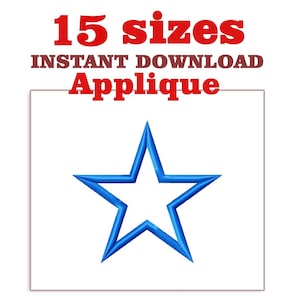 May include: A blue star applique design on a white background. The image includes the text "15 sizes" and "Instant Download Applique" in red and brown fonts, respectively. The star is outlined in blue.