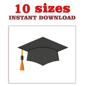 Könnte beinhalten: Schwarze Abschlusskappe mit goldener Quaste. Das Bild enthält den Text "10 Größen" und "SOFORT-DOWNLOAD" in Rot und Braun. Die Kappe ist ein Symbol für akademischen Erfolg.