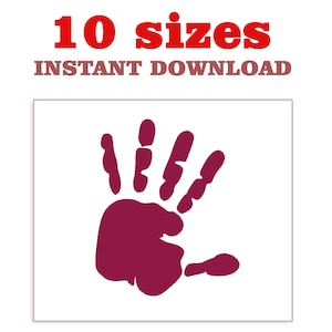 Può includere: Un'impronta di mano color amaranto è centrata su uno sfondo bianco. Sopra l'impronta, il testo "10 dimensioni" è in rosso, e sotto, il testo "DOWNLOAD IMMEDIATO" è in amaranto.