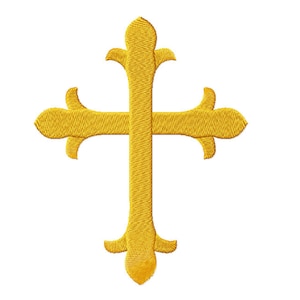 May include: A gold embroidered cross with a decorative design. The cross is a religious symbol.