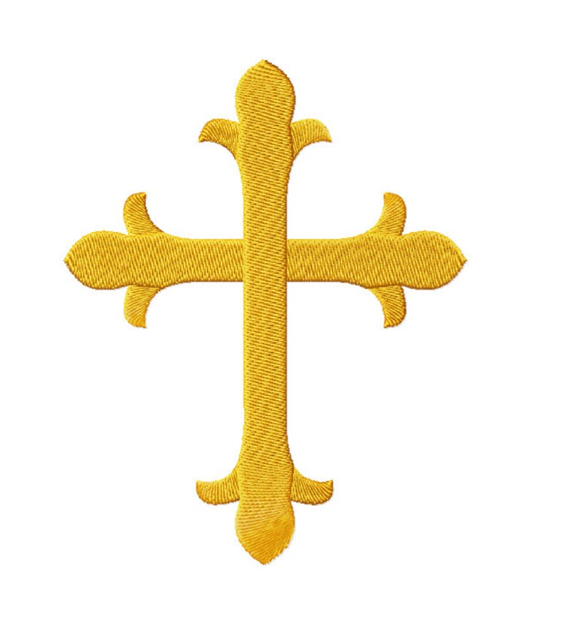 May include: A gold embroidered cross with a decorative design. The cross is a religious symbol.