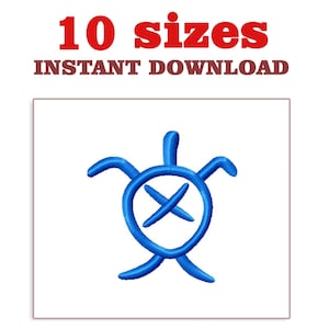 Può includere: Un disegno di tartaruga blu con una croce all'interno di un cerchio, su sfondo bianco. Il testo "10 dimensioni" e "DOWNLOAD IMMEDIATO" sono in rosso e marrone, rispettivamente, nella parte superiore dell'immagine. Il design è probabilmente per ricamo o uso digitale.