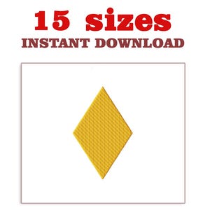 May include: A yellow diamond shape with a textured surface is centered on a white background. Above the diamond, the text "15 sizes" is in red, and below it, "INSTANT DOWNLOAD" is in brown.