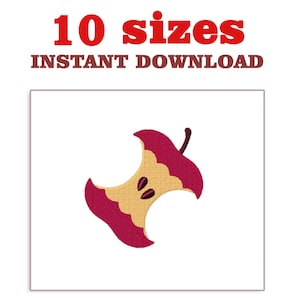 May include: A red and yellow apple with a bite taken out of it. The apple is a simple cartoon design. The text "10 sizes INSTANT DOWNLOAD" is above the apple.